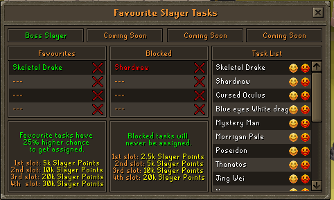 Favourite and blocked slayer task interface